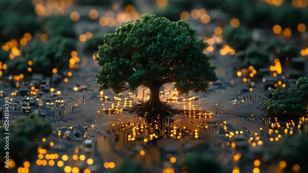 Poster tree growing on a circuit board illuminated by glowing lights at dusk