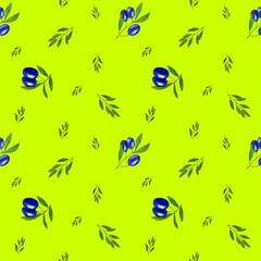Watercolor seamless pattern of green and black olives. Hand painted illustration with olive branches and leaves isolated on lime background.
