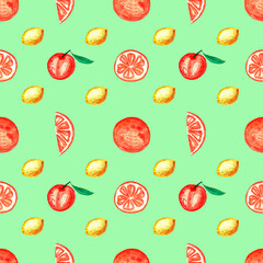 Fresh citrus fruits seamless pattern. Orange, lemon and mandarin on a green background. Food print for fabric and textiles. Watercolor illustration
