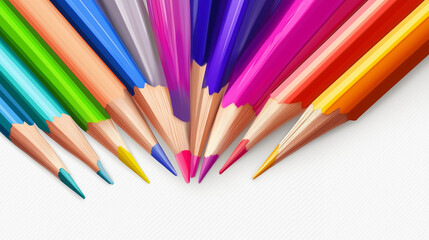 Fototapeta premium Colored pencils arranged in a row on a white background for art and school use