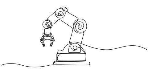 One continuous single drawing black line art doodle of robotic arm Industrial, representing automation and AI, Robotic Arm Single Line Icon, Robotic arms or industry manipulator positioned continuous