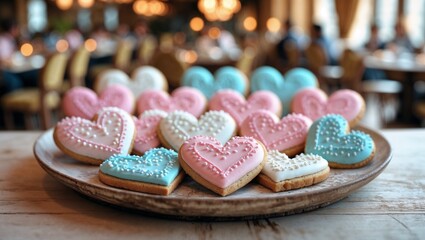 Heart shape frosted cookies on the wooden plate in front of cafe background for national frosted cookie day