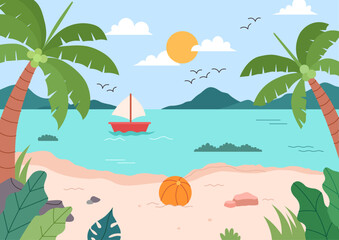 beach summer background illustration vector with coconut tree and white sand
