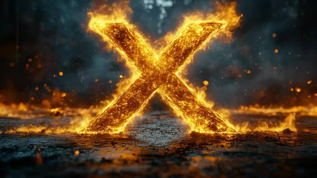 Fiery letter x ablaze in a dark forest background, symbolizing intensity