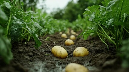 Freshly harvested potatoes in a lush green garden after the rain