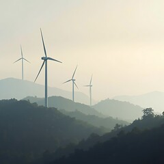 Wind Turbines on Rolling Hills in Hazy Landscape