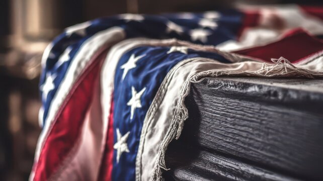 American flag draped somberly over a dark, textured wooden surface detail