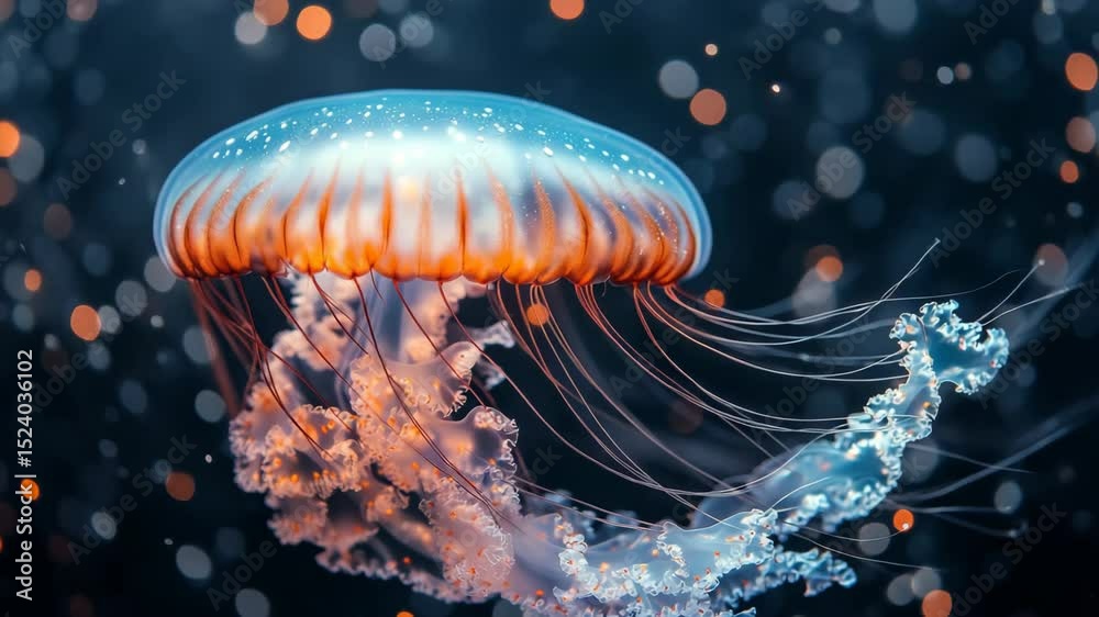 Poster glowing jellyfish with long tentacles floating in dark ocean, digital art