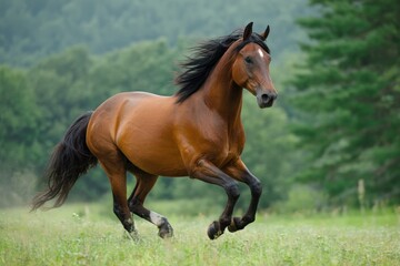 Obraz premium A Beautiful Brown Horse Galloping Freely in a Green Meadow