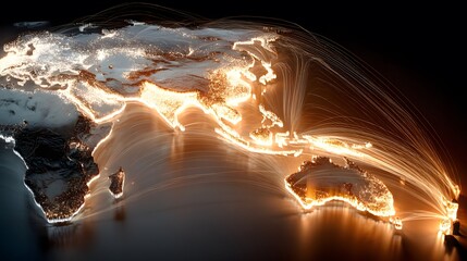 Global Network Connection - Digital World Map with Glowing Data Connections and Fiber Optic Cables