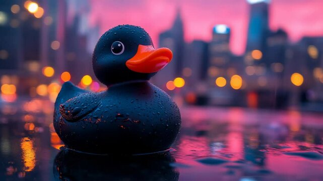 Black rubber duck with water droplets against a colorful city skyline at sunset