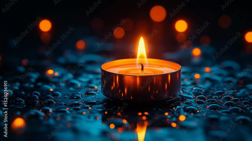 Poster candle glowing warmly on a wet surface with reflections and bokeh lights