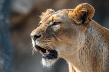 Obraz premium Close Up View Of Golden Lion On Bright Sunny Day