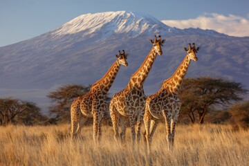 Fototapeta premium Giraffes in African Savannah with Mountain in the Background