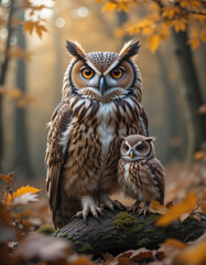 Fototapeta premium Realistic adult owl with baby owl in autumn forest, blurred background. Atmospheric wildlife scene full of warmth and nature’s beauty