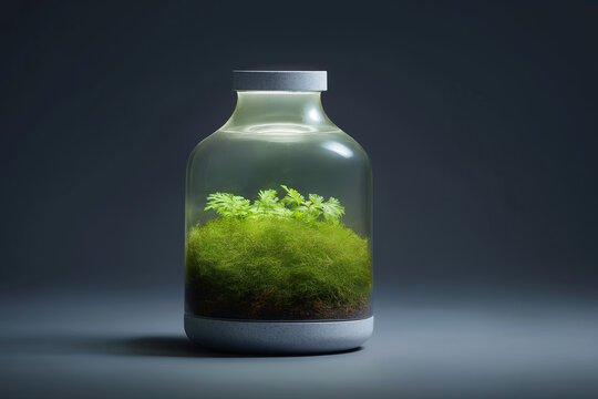 Glass terrarium bottle contains lush miniature garden ecosystem with vibrant greenery - Powered by Adobe