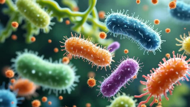 contaminated water and foodborne diseases concept, Colorful microscopic bacteria on a blurred background