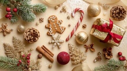 Fototapeta premium Celebration Christmas Decoration With Gingerbread And Pine Holiday Ornament