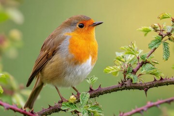 Fototapeta premium An Adorable European Robin Perched on A Thorny Branch