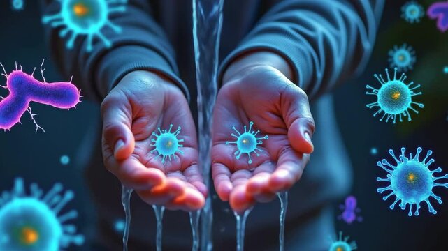 contaminated water and foodborne diseases concept, Hands holding germs with water flowing, symbolizing disease and health.