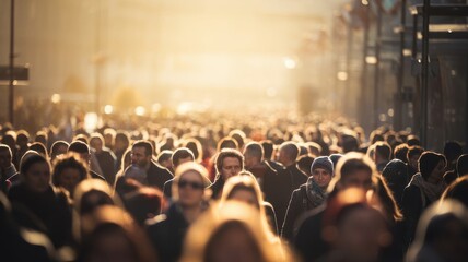 A dense crowd of people moving through an urban street, bathed in golden light