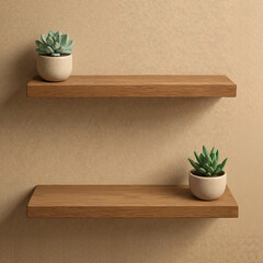 Two wooden floating shelves with small potted succulents in a minimal earthy setting with copy space