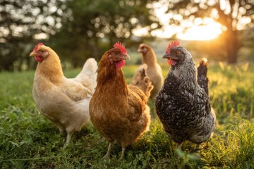 Fototapeta premium Group of Chickens Standing on Grass at Sunset Outdoors