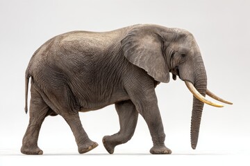 Obraz premium Magnificent Elephant Walking Gracefully Against White Background on a Sunny Day