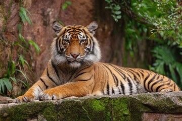 Magnificent Tiger Resting Peacefully On The Moss Covered Rocky Ledge