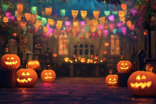 A festive Halloween scene with carved pumpkins, colorful banners, and glowing lights. The atmosphere is cheerful and inviting, perfect for celebrations.