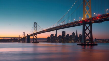 Obraz premium Magnificent view of the Bay Bridge at twilight reflecting in ocean water