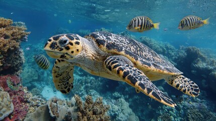 Fototapeta premium Sea Turtle Swimming in Tropical Water with Small Fishes Around
