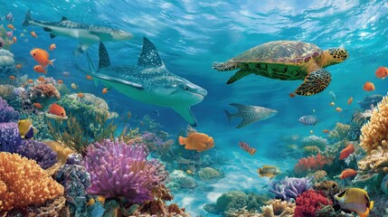 Naklejka premium An Exploration of Marine Life Beneath Blue Sea Surface Waters
