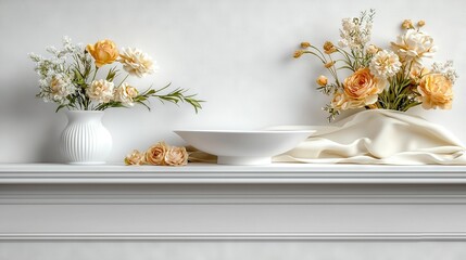   A white vase brimming with blossoms sits beside a white dish perched atop a white dresser draped in white linen