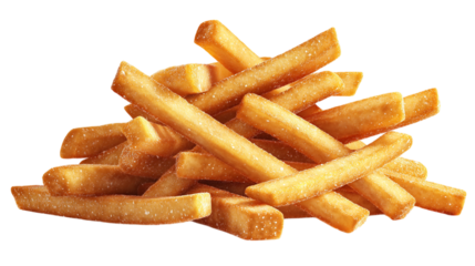 A pile of golden and crispy french fries stacked together against a black background in close up view on transparent background