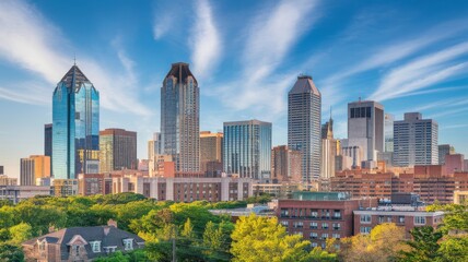 Obraz premium Downtown skyline glows under a bright blue sky in Pennsylvania, USA