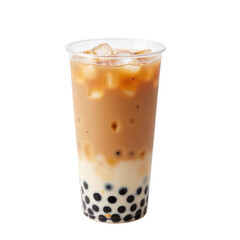 Delicious tapioca pearl bubble tea with ice and milk, translucent plastic cup.