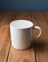 a white coffee mug on a wooden table, top view, soft light, minimal style