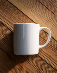a white coffee mug on a wooden table, top view, soft light, minimal style