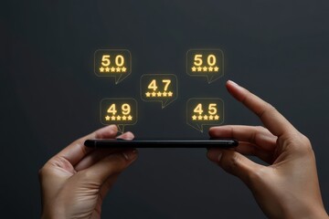 Customer Feedback on Mobile Phone with Rating Stars and Numbers Displayed in Speech Bubbles Shown by Hands