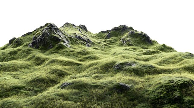 Green mountain landscape background with grass and rocks scenic view for nature wallpaper design 3d render