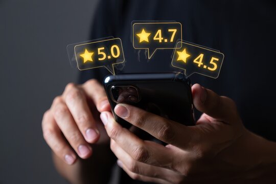 Customer Satisfaction Ratings Displayed on Mobile Phone with High Scores and Glowing Star Icons for Feedback