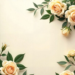 Floral frame in romantic vintage style with cream roses and greenery on a light beige background with copy space
