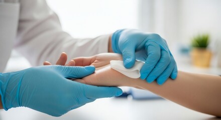 Doctor cleaning patient arm skin with cotton and blue gloves