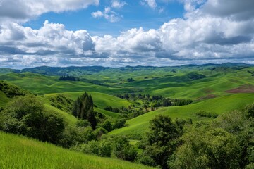 Obraz premium Rolling green hills under a cloudy sky scenic landscape