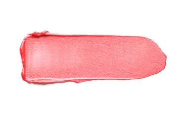 Sample of pink lipstick isolated on white, top view