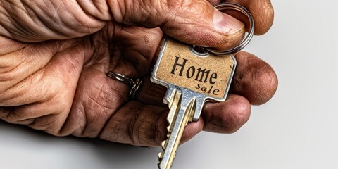 Obraz premium Senior hand holding home sale key, real estate market concept