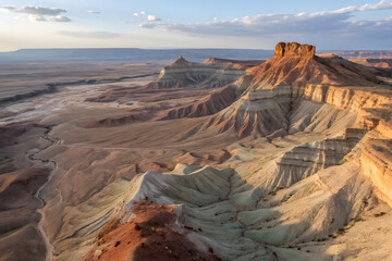 Aerial shot captures the intricate natural patterns and textures of Caineville Mesa near Hanksville in Utah, highlighting the unique geological formations
