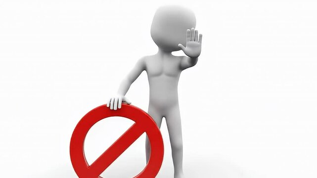 3D rendering of a figure holding a stop sign, prohibiting access, denial, restriction concept