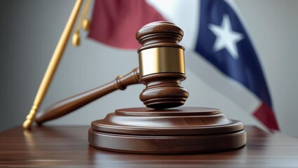 A gavel is placed on a wooden block as a representation of the legal system in Texas. The state's flag decorates the backdrop, reinforcing the connection between law and state governance